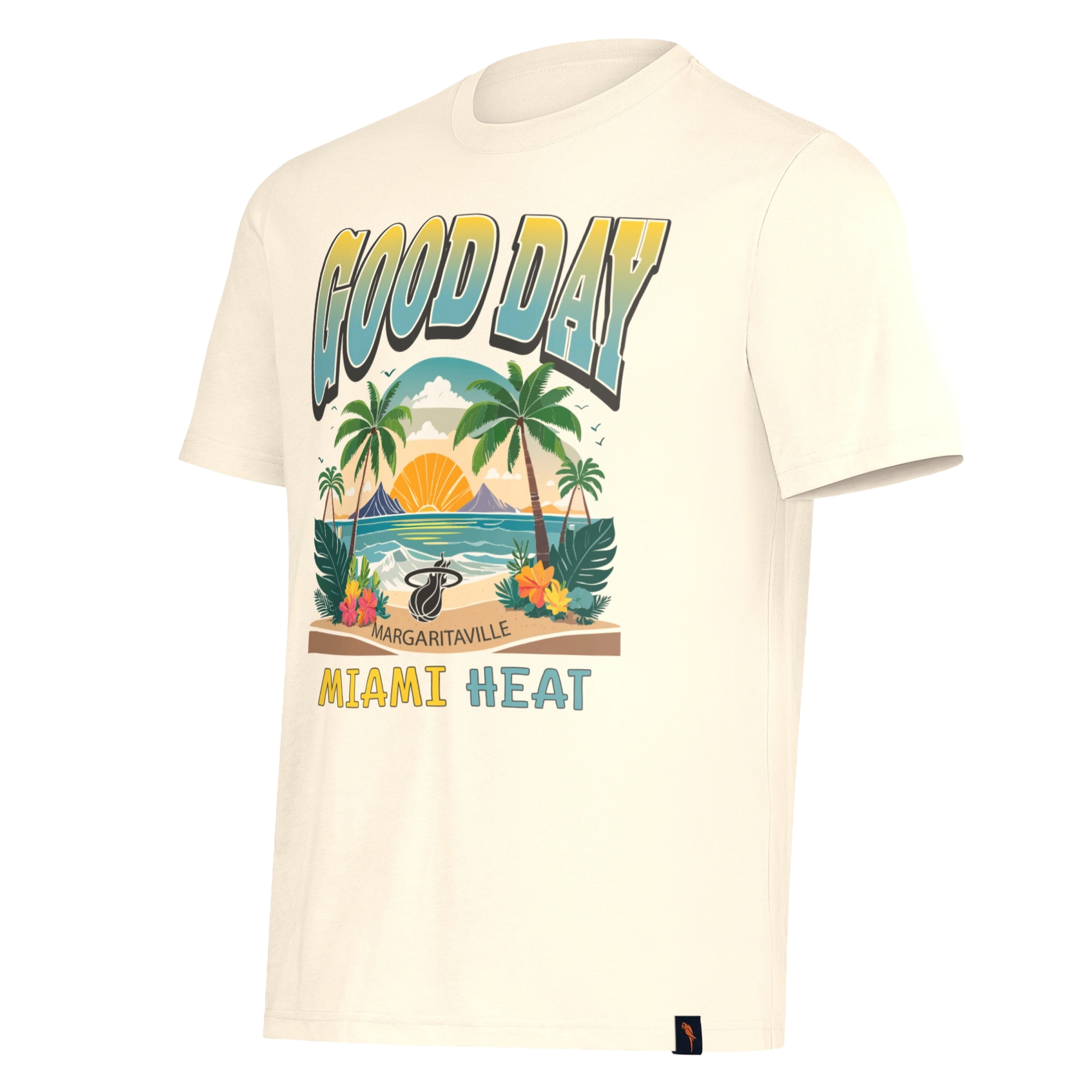 The G-III Sports Margaritaville Miami HEAT Good Day Tee is a cream, standard-fit shirt with a tropical palm tree, sunset, and ocean design. Made from soft cotton-polyester and machine washable. Features 