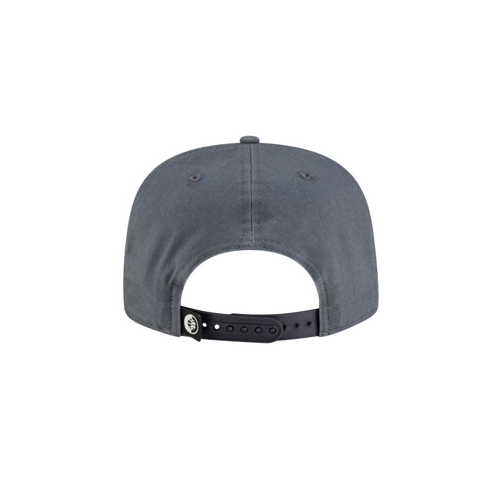 Rear view of a grey cotton Court Culture x New Era Miami Basketball Snapback with an adjustable black snapback closure and a small circular logo tab.