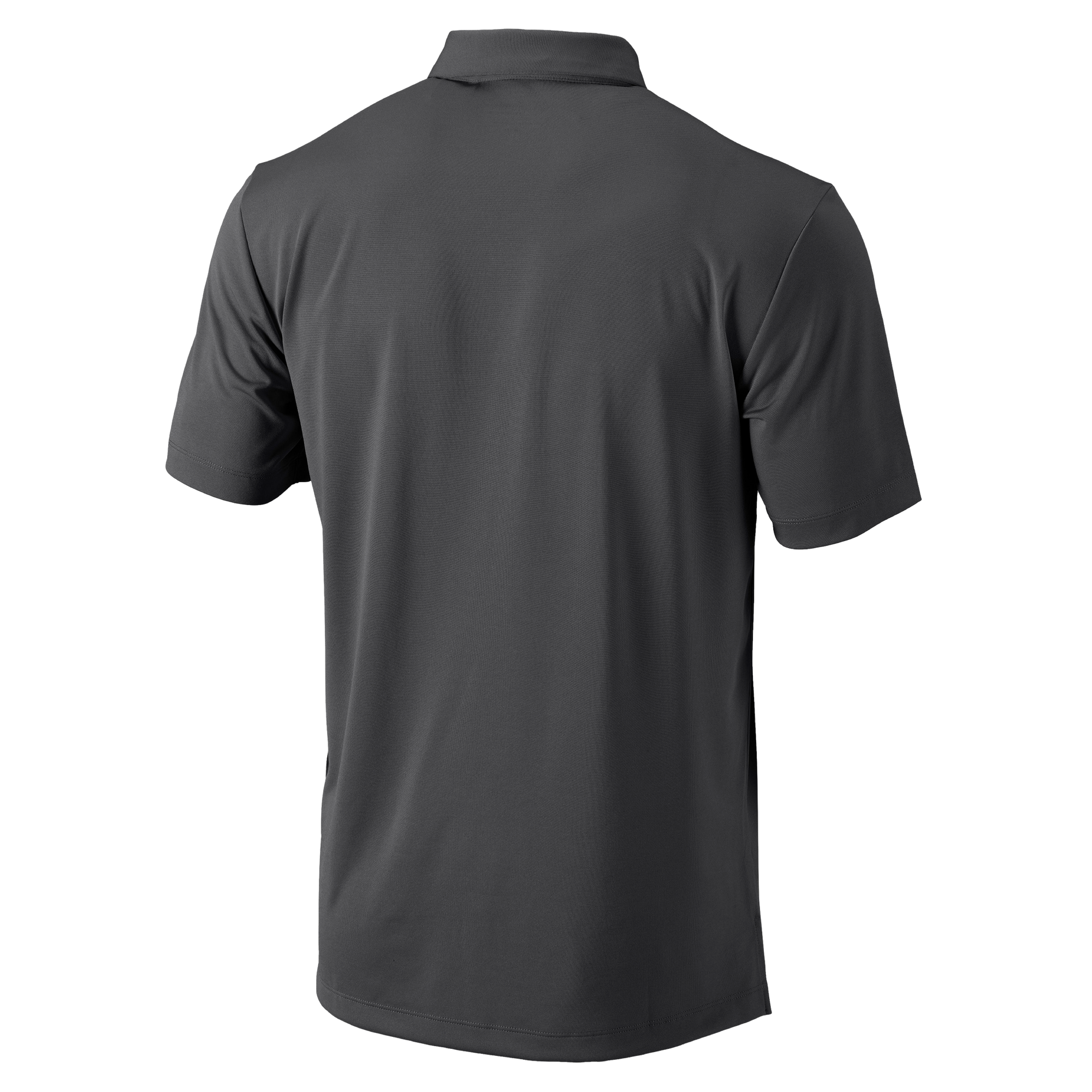 The Columbia Outdoor Miami HEAT Original Vice Nights Drive Polo is a plain, short-sleeved dark gray shirt with a classic collar and standard fit, shown from the back on white. No visible logos or patterns; easy to machine wash and care for.