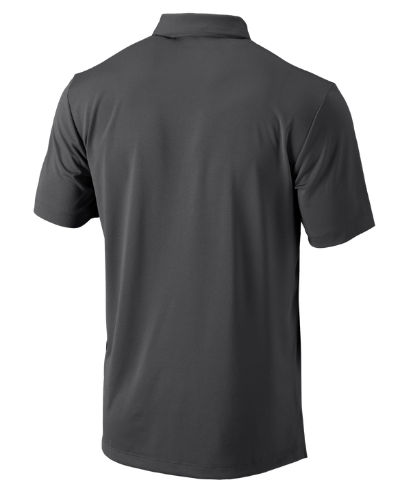 The Columbia Miami HEAT Original Vice Nights Drive Polo by Columbia Outdoor is a dark gray, standard fit, polyester short-sleeve polo with a collar and buttons, 