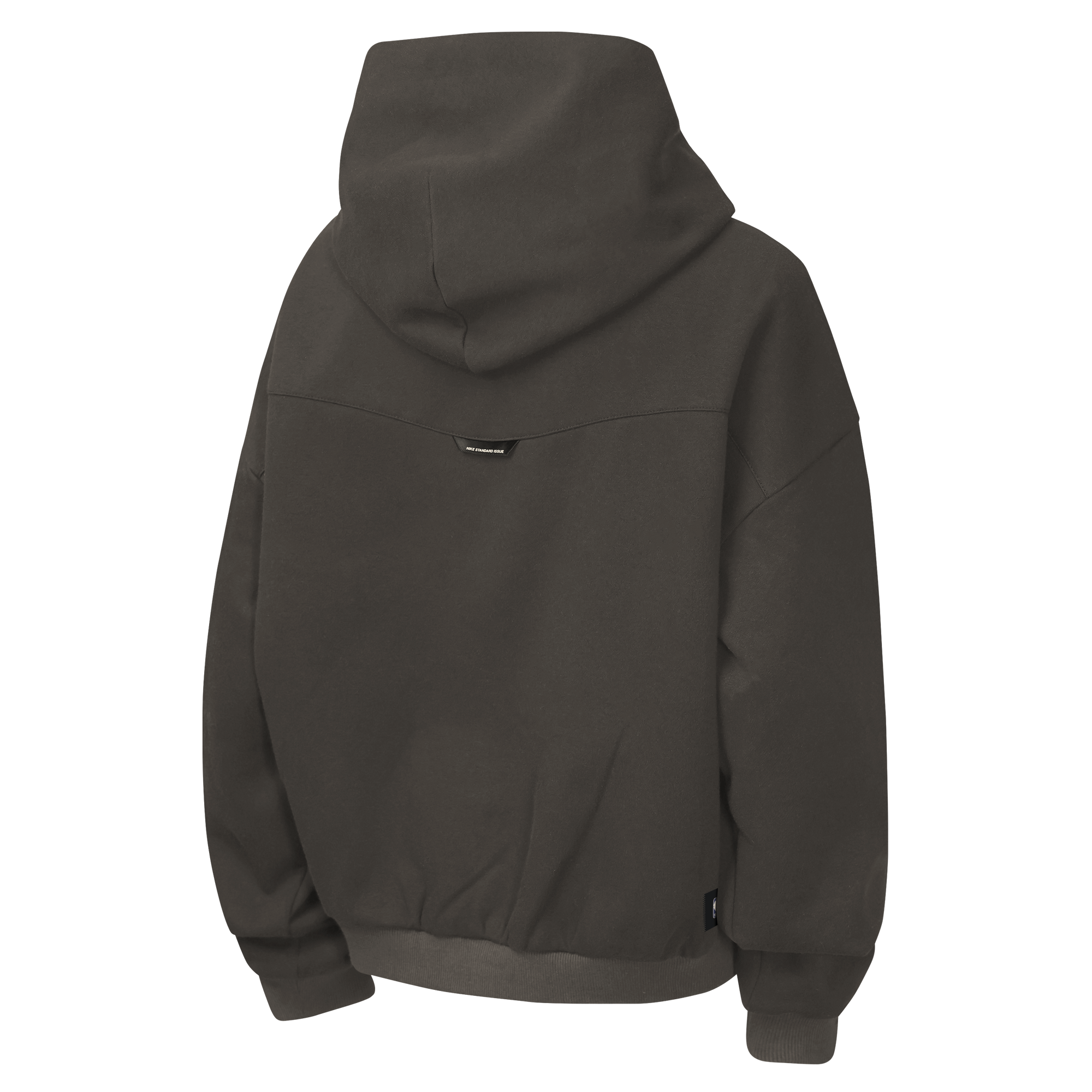 A dark gray Nike Miami HEAT Oversized Fleece Travel Youth Hoodie viewed from the back, showcasing a relaxed, loose fit, ribbed hem and cuffs, a small black tag at the center of the upper back, and crafted from a comfortable cotton-polyester blend.