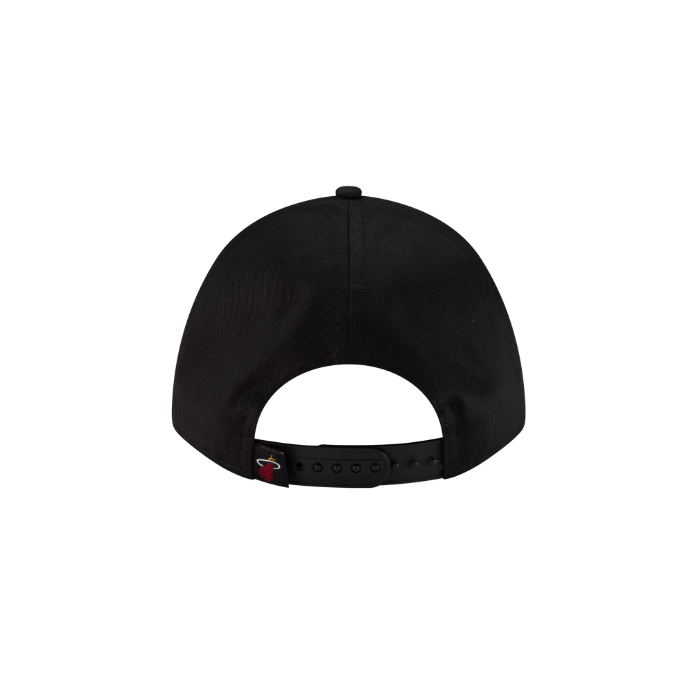 A New Era Miami HEAT Metallic Women's Hat is shown from the back on a plain white background, featuring a black adjustable snapback strap and a small left-side tag with a red pepper graphic.