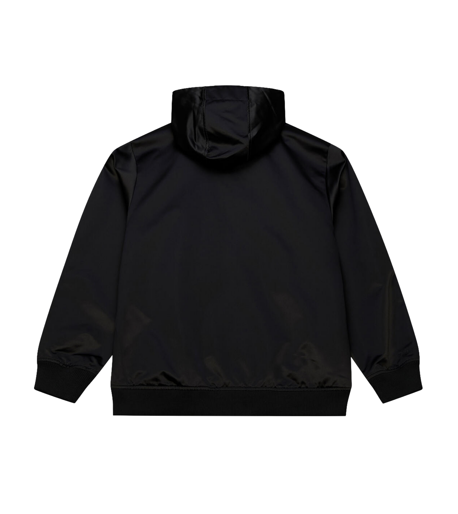 The Mitchell & Ness Miami HEAT Original Vice Nights Satin Bomber, shown from the back on a white background, features a black polyester build with long sleeves, ribbed cuffs and waistband, standard fit, and no visible logos or patterns. Machine wash cold.