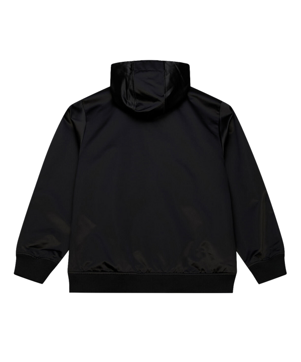 The Mitchell & Ness Miami HEAT Original Vice Nights Satin Bomber is a black zip-up jacket with hood, featuring teal and pink team logo on the chest and 