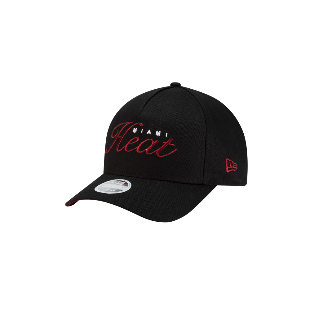 The New Era Miami HEAT Metallic Women's Hat features black fabric, red and white Miami Heat script embroidery on the front, a small red New Era logo on the side, and a sticker on the curved brim.
