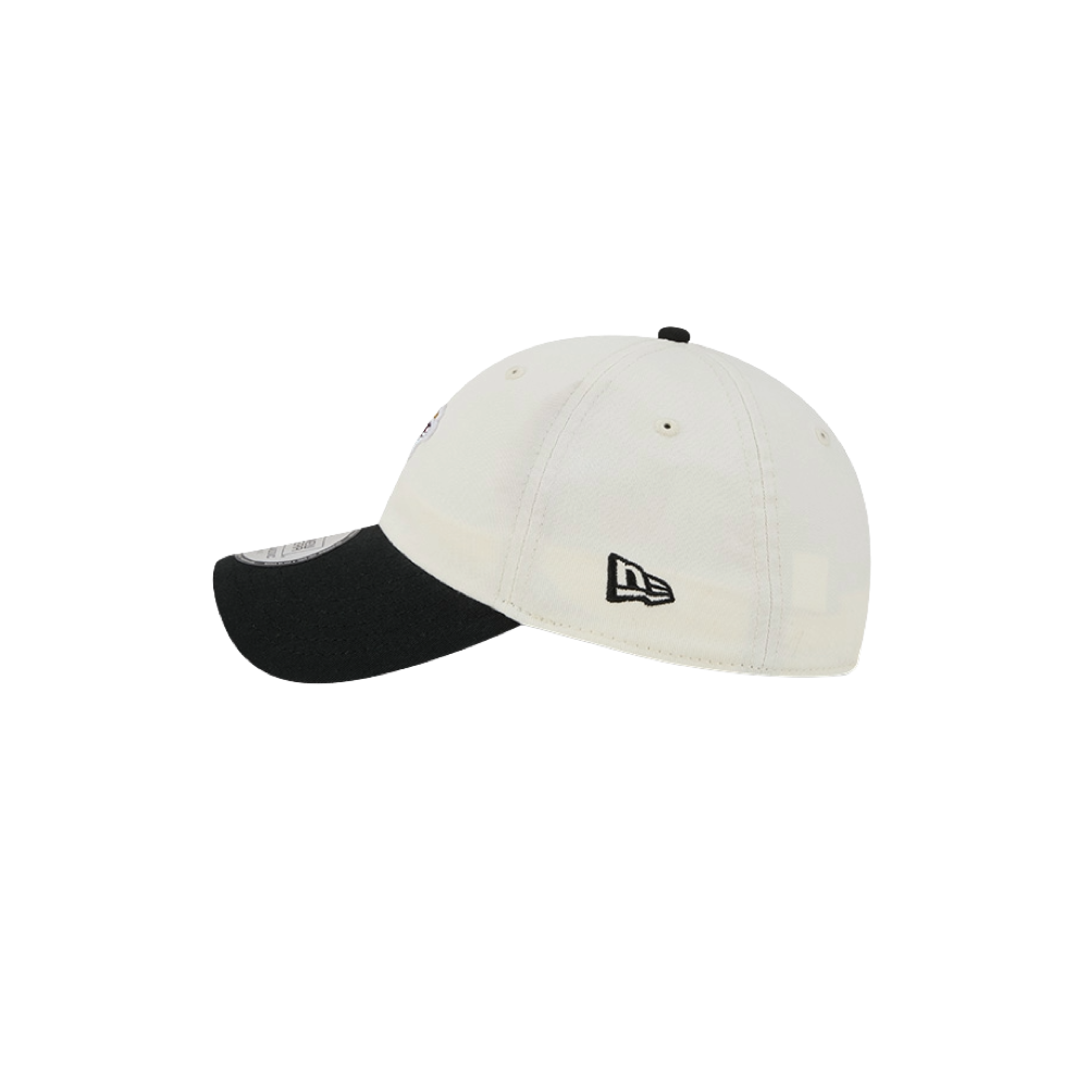 The New Era Miami HEAT 2-Tone Micro Dad Hat features a white cotton crown, a black curved brim, and a black New Era logo on the side. This casual hat is designed in a one size fits most style and is displayed against a plain white background.