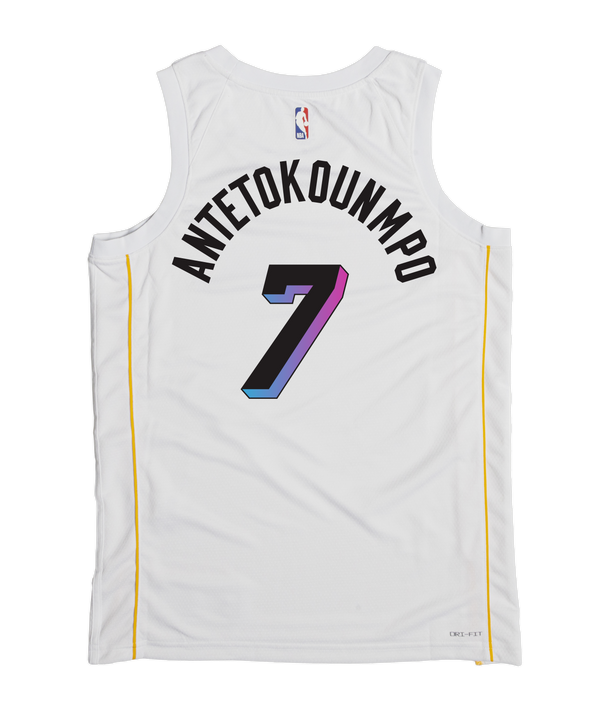 The Giannis Antetokounmpo Nike Miami Mashup Vol. 2 Swingman Jersey features colorful 