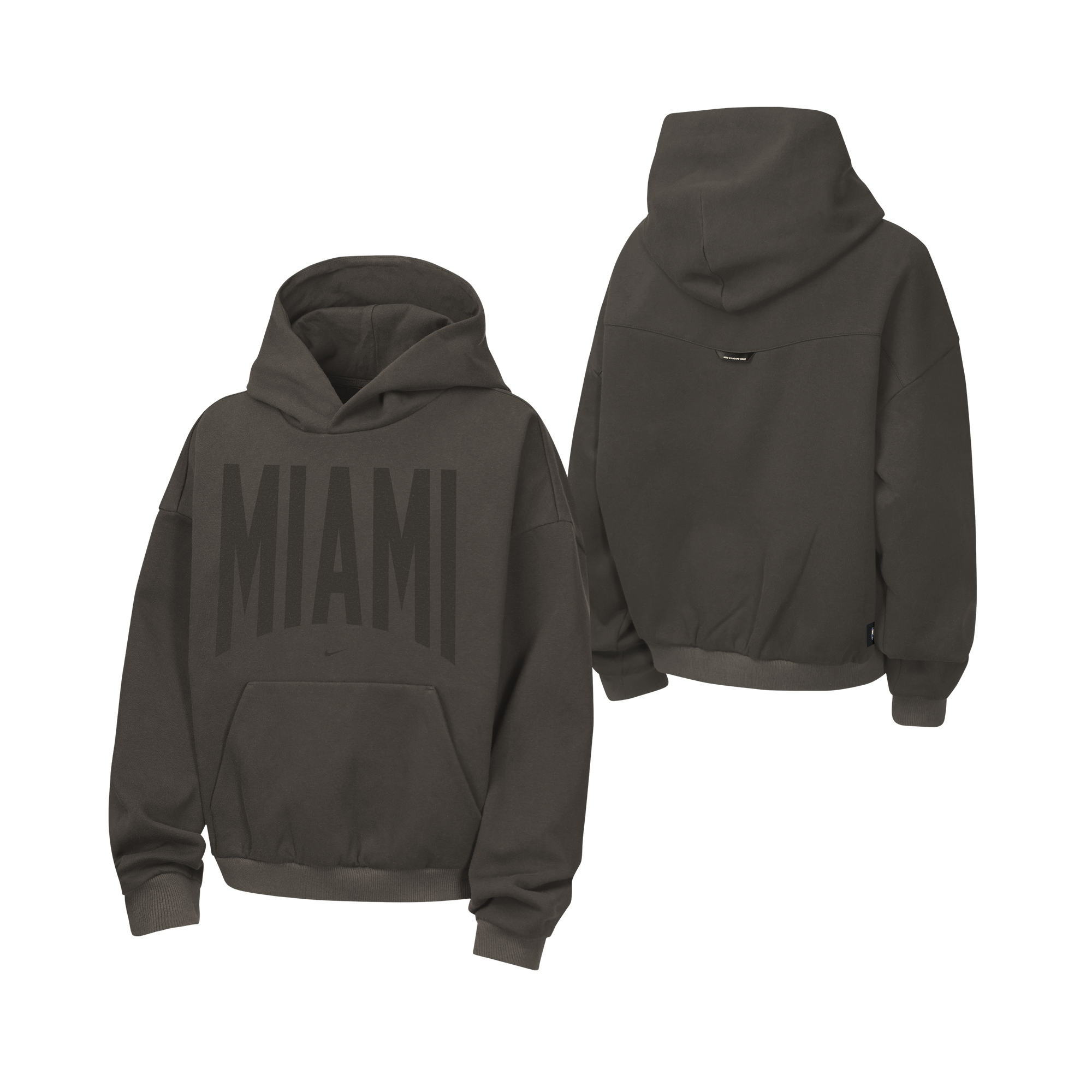 Front and back view of the Nike Miami HEAT Oversized Fleece Travel Youth Hoodie in dark green, featuring “MIAMI” in large letters on the front. This Nike hoodie is made from a comfortable cotton polyester blend, and includes a cozy hood and classic kangaroo pocket, shown against a white background.