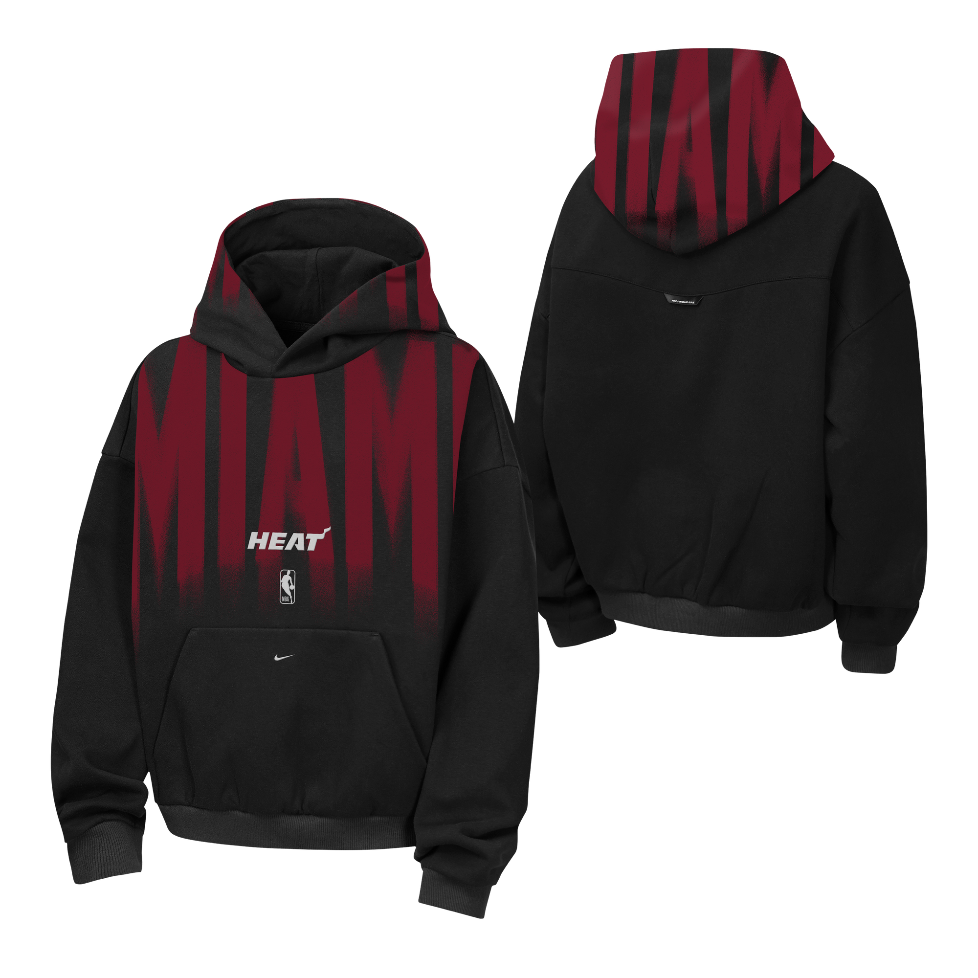 Front and back views of a black Nike Miami HEAT Oversized Wordmark Fleece Youth Hoodie featuring a red gradient MIAMI graphic across the chest and hood, with a small HEAT logo and NBA emblem on the front in a relaxed sweatshirt fit.