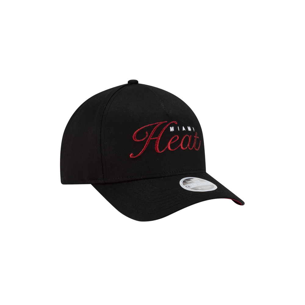 The New Era Miami HEAT Metallic Women's Hat features black fabric, a curved brim, a visor sticker, and Miami Heat embroidered in red and white on the front.