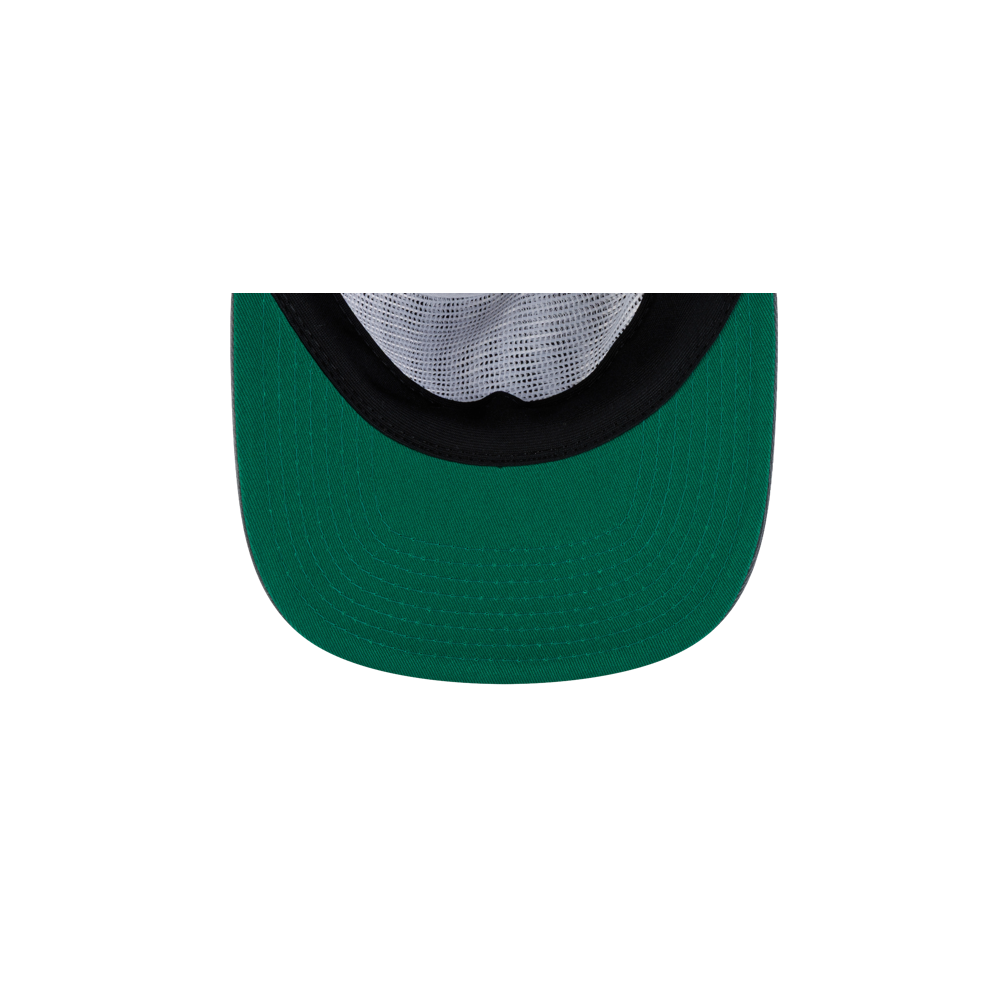 Top-down view of a Court Culture x New Era Miami Basketball Snapback hat with a green front panel and a white mesh back.
