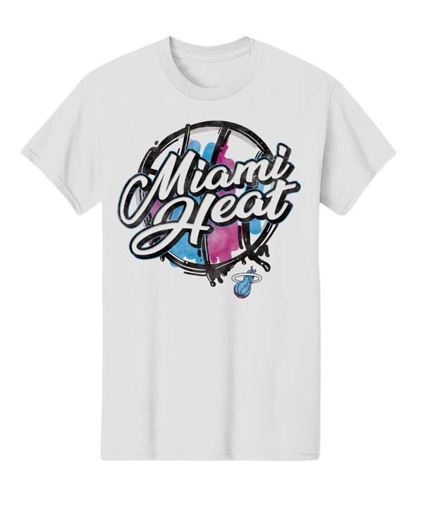 The Miami HEAT Original Vice Nights White Tee by Item Of The Game features bold “Miami Heat” script with pink, blue, and black splashes and the team logo underneath. Designed for a standard fit and machine washable.