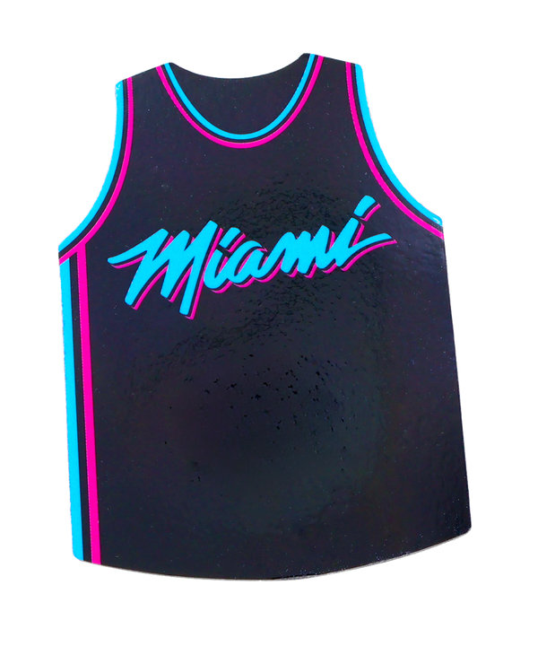 The Aminco Miami HEAT Original Vice Nights Jersey Magnet is an officially licensed magnet styled like a sleeveless jersey, featuring 