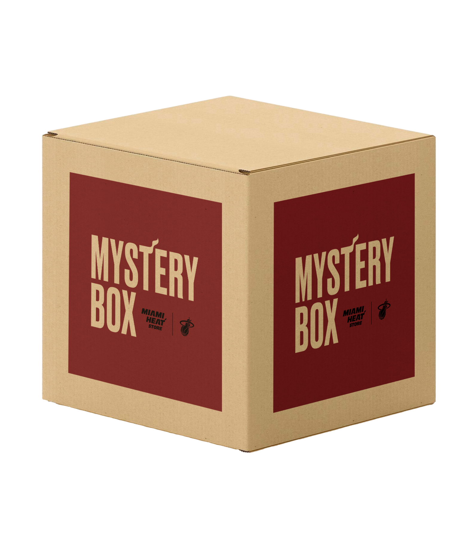 A cardboard box with red panels on each side, labeled 