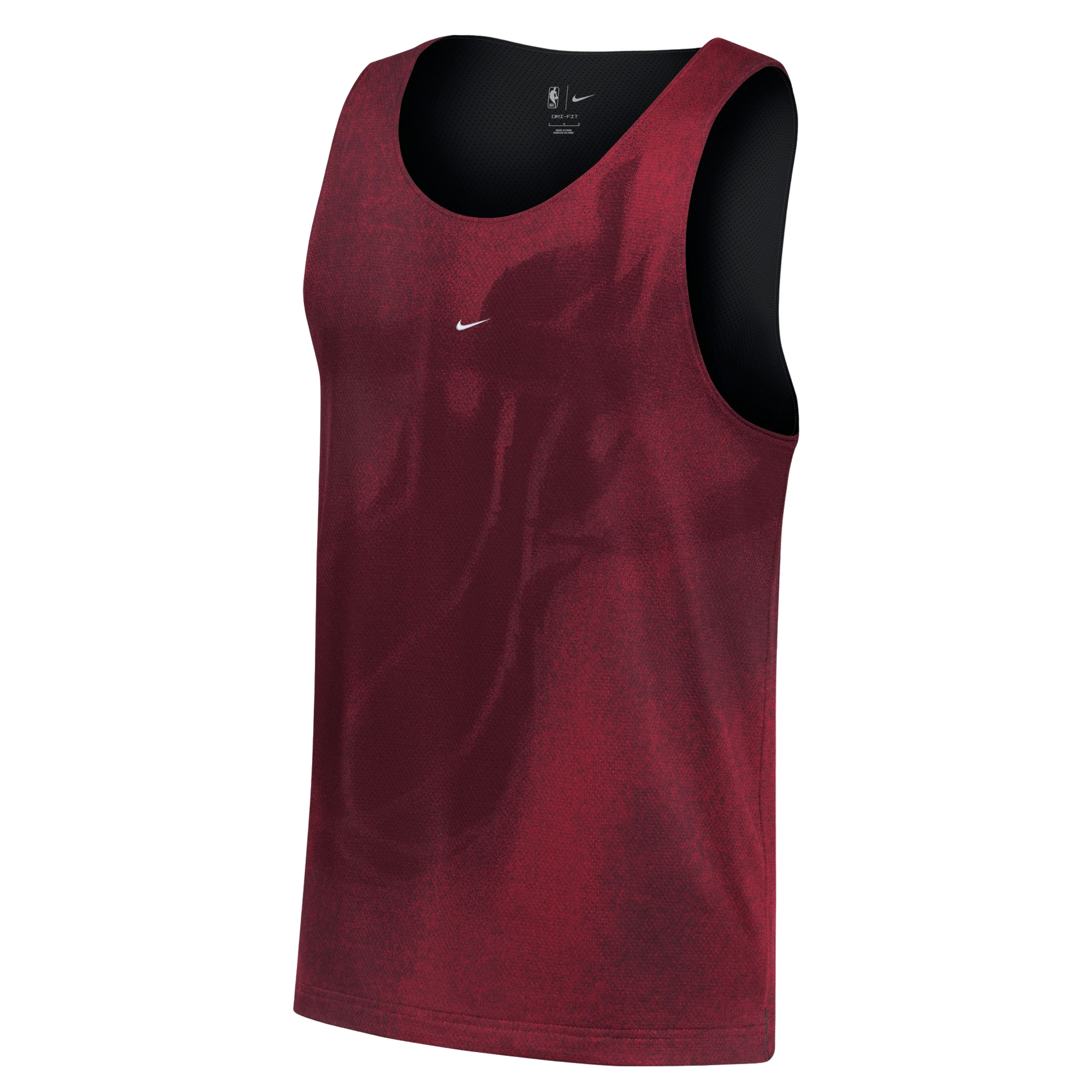 The Nike Miami HEAT Standard Issue Red Mesh Jersey is a sleeveless athletic tank top in maroon, crafted from breathable mesh and featuring a subtle Miami Heat logo along with a small embroidered Nike Swoosh on the chest, shown against a white background.