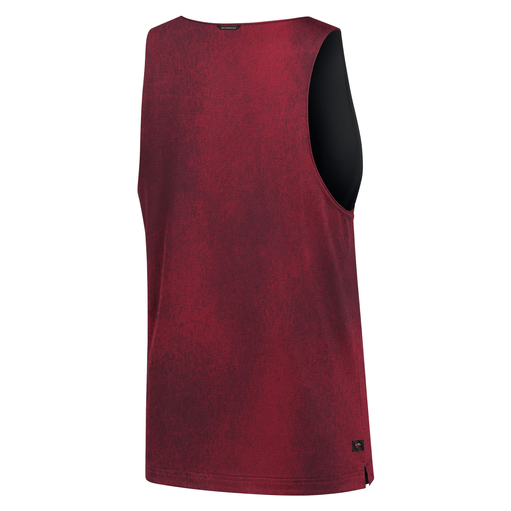 The Nike Miami HEAT Standard Issue Red Mesh Jersey is shown from the back, featuring a dark red marbled pattern with breathable mesh fabric visible inside the arm opening. The background is plain white.