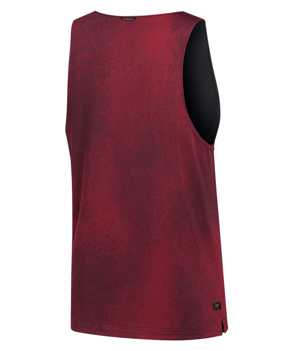 The Nike Miami HEAT Standard Issue Red Mesh Jersey is a sleeveless athletic tank top in maroon, crafted from breathable mesh and featuring a subtle Miami Heat logo along with a small embroidered Nike Swoosh on the chest, shown against a white background.