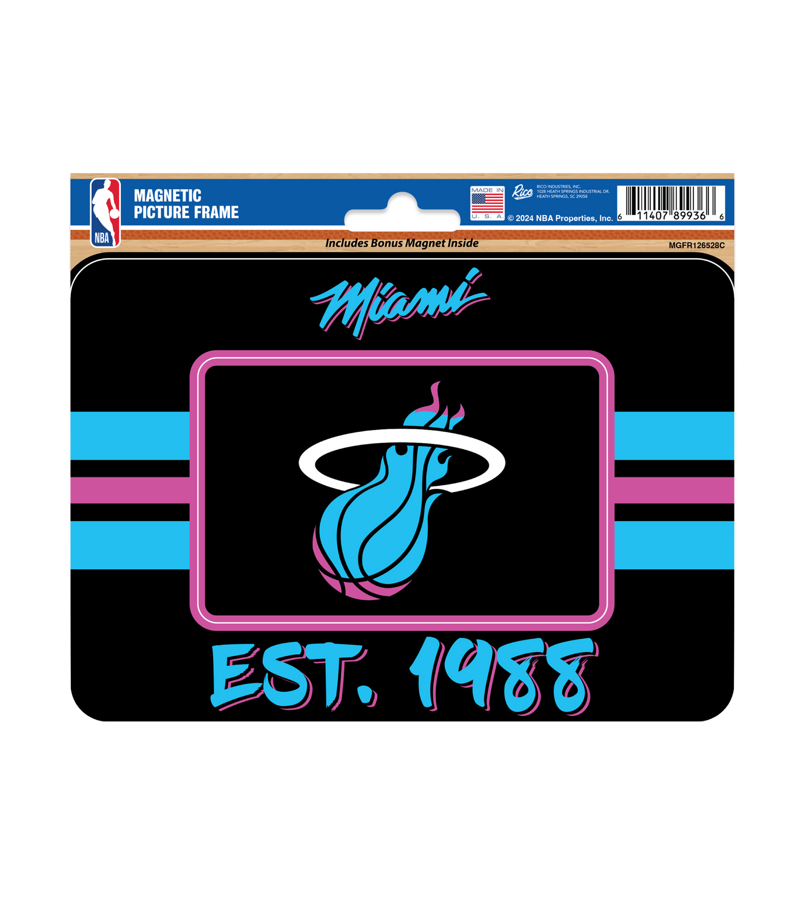 Show your team pride with the Miami HEAT Original Vice Nights Magnetic Picture Frame by Rico Industries, featuring the iconic logo, pink and blue stripes, EST. 1988 in teal script, and official NBA branding. Measures 7
