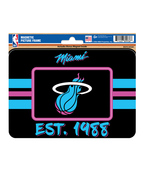 Show your team pride with the Miami HEAT Original Vice Nights Magnetic Picture Frame by Rico Industries, featuring the iconic logo, pink and blue stripes, EST. 1988 in teal script, and official NBA branding. Measures 7