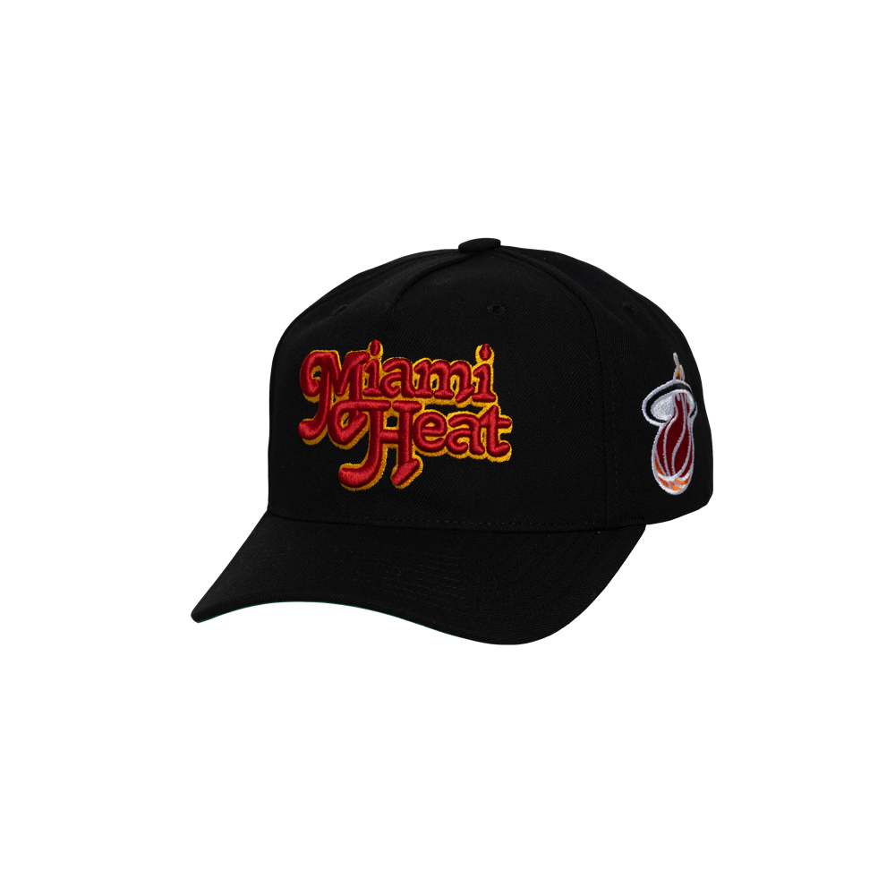 The Mitchell & Ness Miami HEAT Script Snapback is a black polyester hat with 