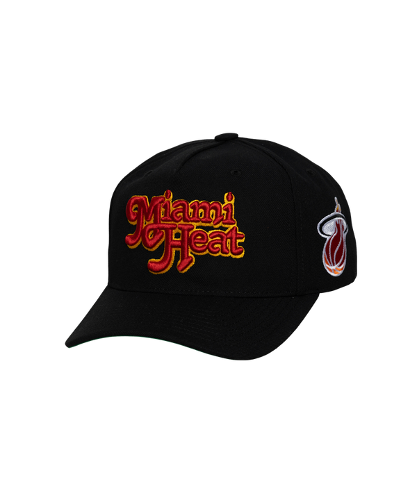 The Mitchell & Ness Miami HEAT Script Snapback is a black polyester hat with 