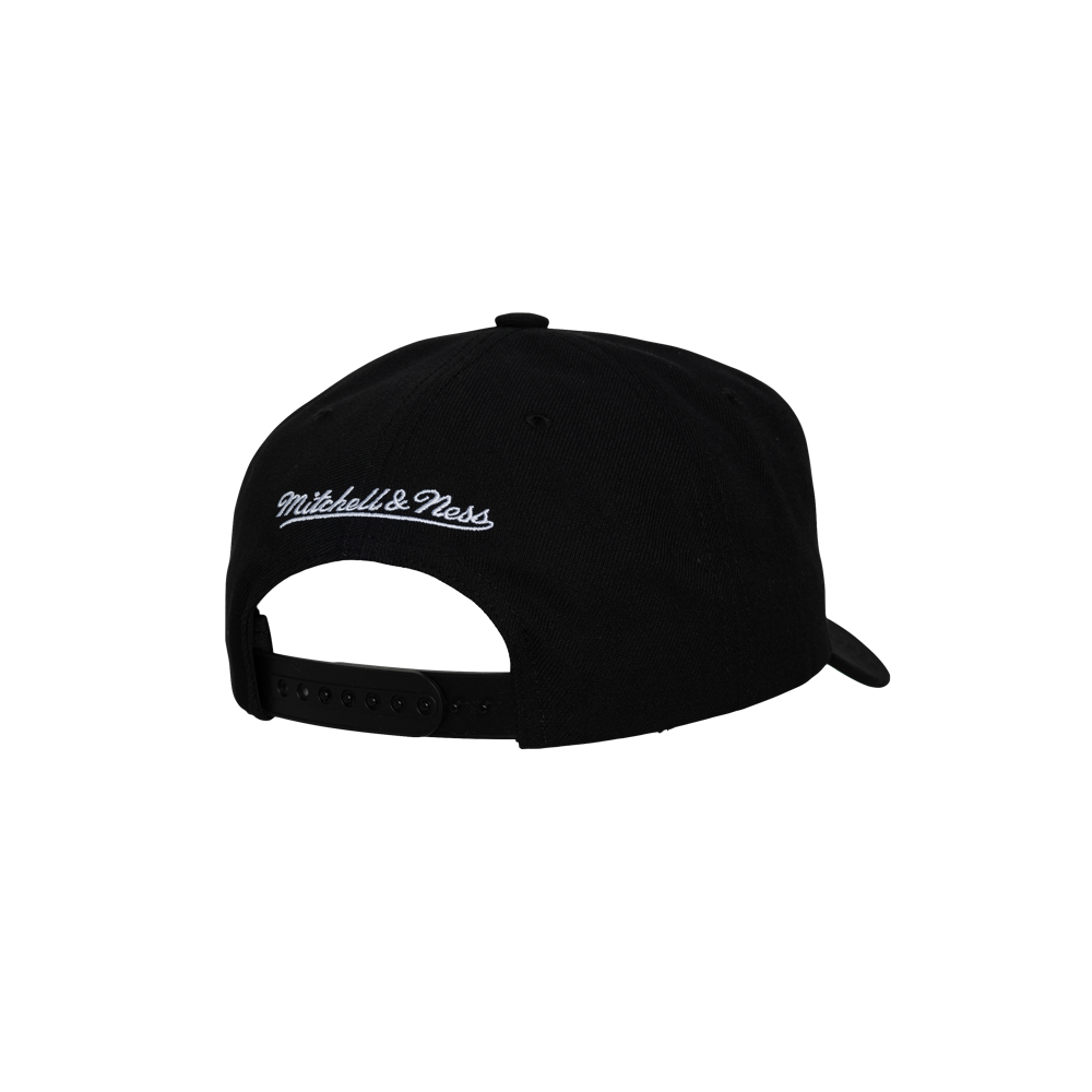 The Mitchell & Ness Miami HEAT Script Snapback is a black polyester hat with a snapback closure and white Mitchell & Ness embroidery above the back opening. One size fits most; spot clean only.