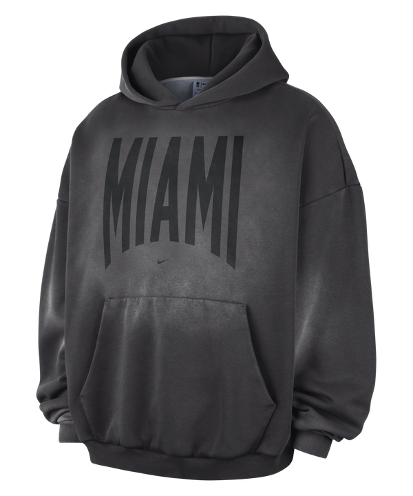 A dark gray Nike Miami HEAT Oversized Fleece Travel Hoodie featuring a large front pocket and bold black “MIAMI” lettering across the chest—perfect for any basketball fan’s hoodie collection.
