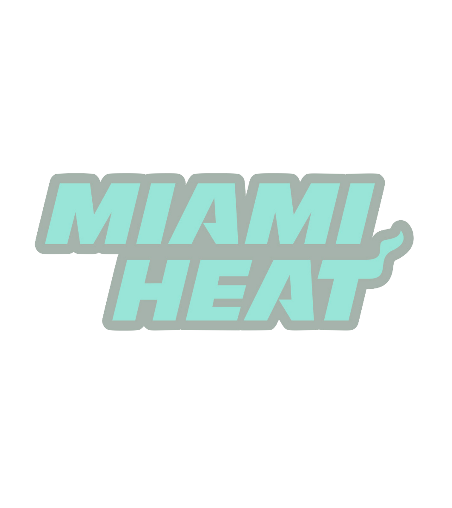 The Pro Specialties Miami HEAT Glow In The Dark Wordmark Pin features bold, uppercase blue-green “MIAMI HEAT” lettering with a flaming T on a light gray background and comes with a secure butterfly clasp.