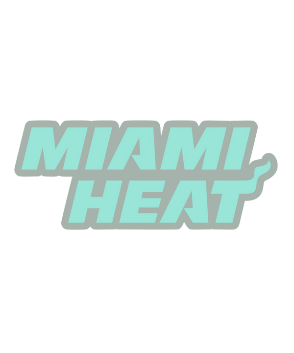 The Pro Specialties Miami HEAT Glow In The Dark Wordmark Pin features bold, uppercase blue-green “MIAMI HEAT” lettering with a flaming T on a light gray background and comes with a secure butterfly clasp.