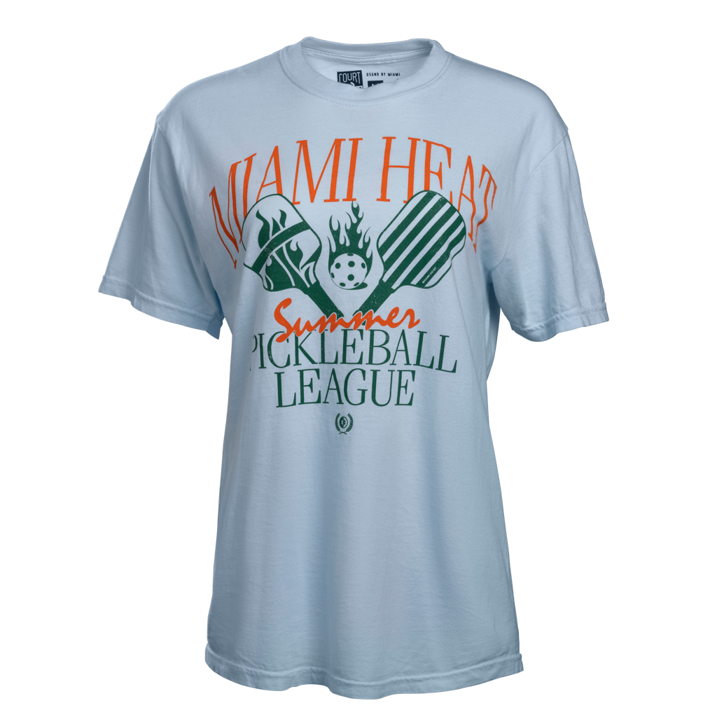 Light blue unisex tee with Miami HEAT Summer Pickleball League graphic in orange and green. - Court Culture HEAT Pickleball League Unisex Tee