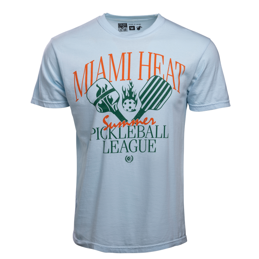 Light blue unisex tee with Miami HEAT Summer Pickleball League graphic in orange and green. - Court Culture HEAT Pickleball League Unisex Tee
