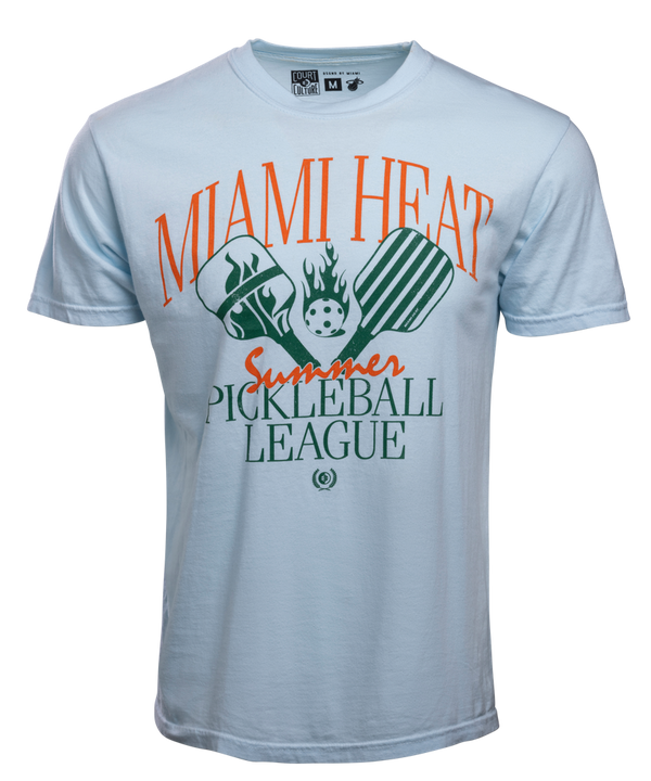 Light blue unisex tee with Miami HEAT Summer Pickleball League graphic in orange and green. - Court Culture HEAT Pickleball League Unisex Tee