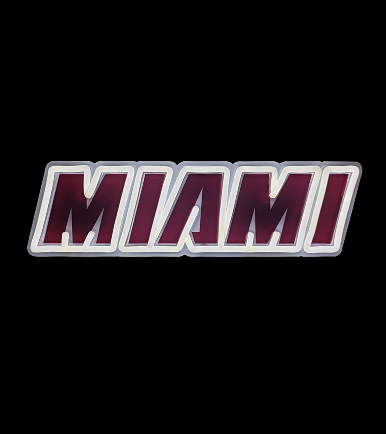 Miami HEAT Core Neon Sign featuring the word MIAMI in dark red letters with a white glowing outline.