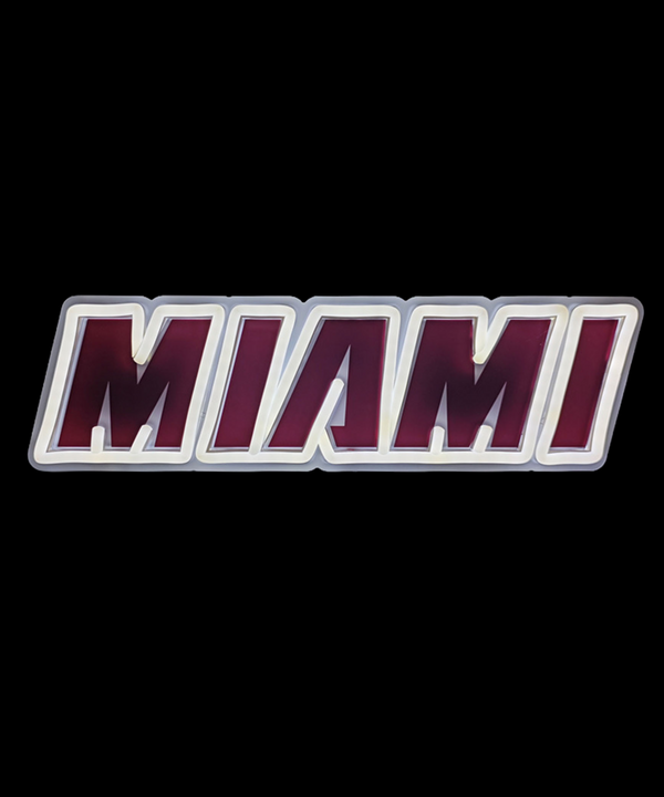 A Miami HEAT Core Neon Sign featuring the word MIAMI in red block letters outlined in white.