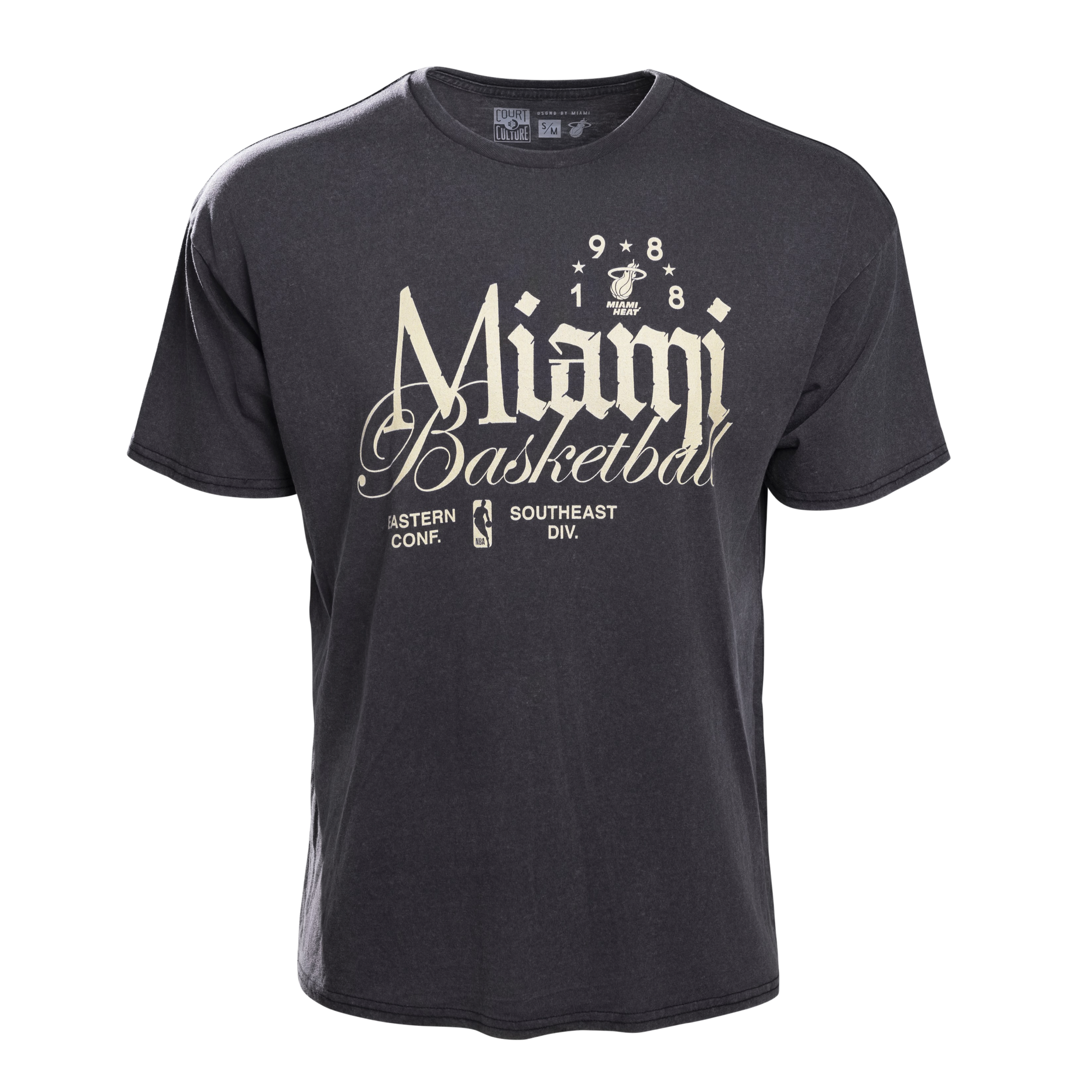 Court Culture “Heritage” Oversized Tee by Court Culture, featuring vintage-style cream Miami Basketball lettering, Eastern Conf. Southeast Div. NBA logo, and a bold 1988 graphic on black. Crafted from a comfortable cotton-polyester blend with an oversized fit, this tee is machine washable for easy care and displayed on a plain white background.