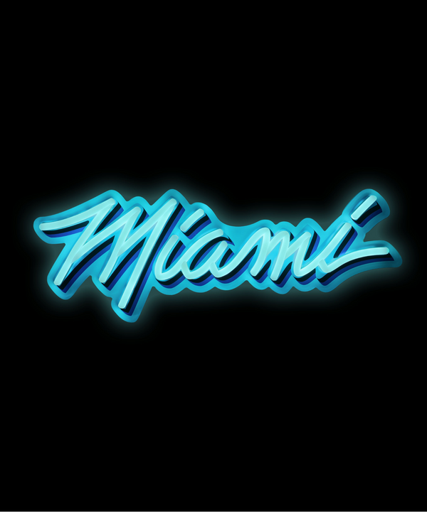 Brighten your fan cave with the Miami HEAT Original Vice Nights Wordmark LED Neon Sign by Forever Collectibles, featuring bold blue, pink, and black stripes in a retro 1980s cursive style on a crisp white background.