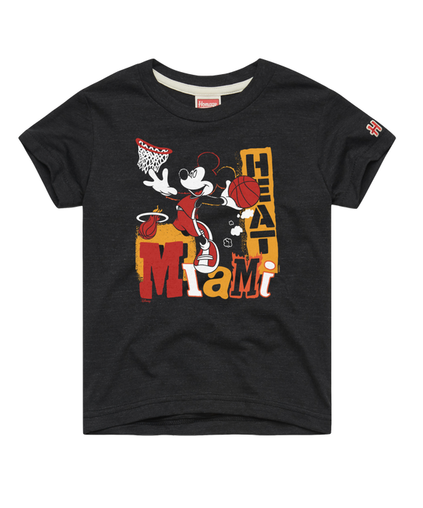 The Homage Miami HEAT Mickey Basketball Tee by Homage is a standard fit black t-shirt with Mickey Mouse playing basketball, a hoop, and bold 