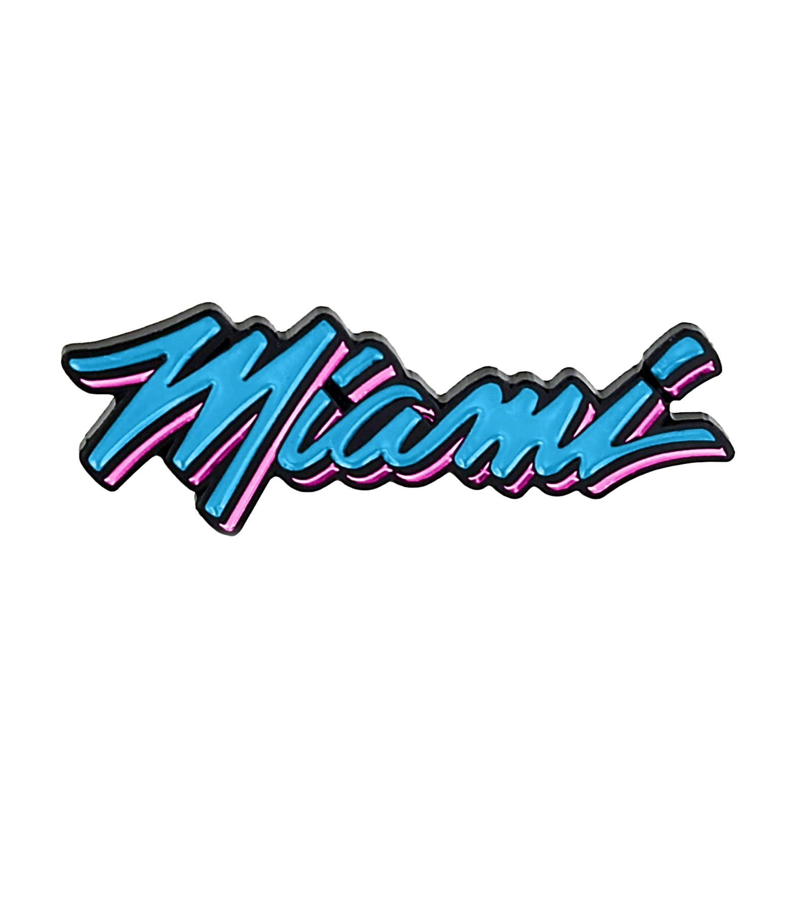 The Aminco Miami HEAT Original Vice Nights Wordmark Pin features “Miami” in bold blue cursive outlined in black and pink, inspired by retro neon signs. This officially licensed pin measures approximately 1 1/2