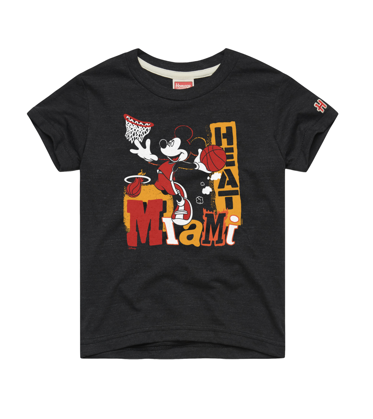 The Homage Miami HEAT Mickey Basketball Youth Tee is a black, standard-fit shirt featuring Mickey Mouse playing basketball with bold Miami Heat lettering and logo. Made from a polyester-cotton-rayon blend, it's easy-care—just machine wash cold.