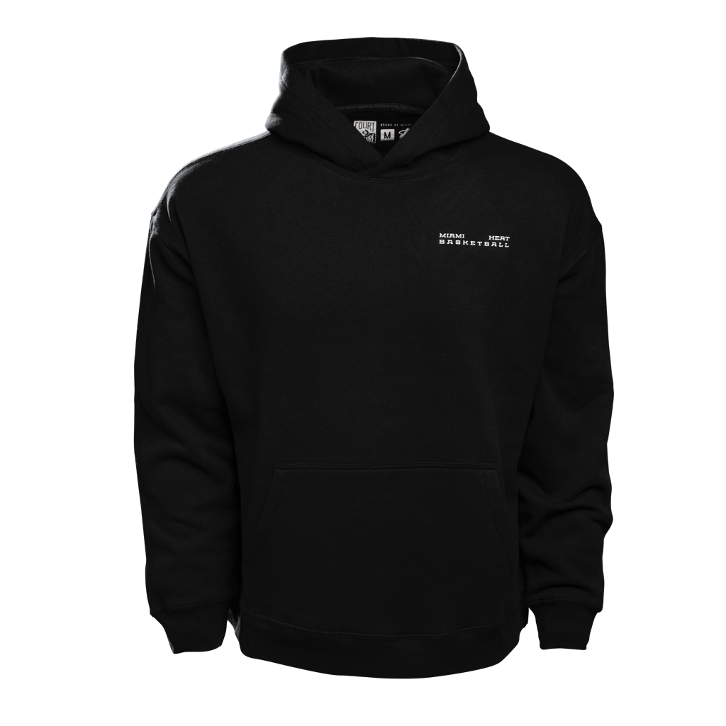 Black Court Culture unisex hoodie with small white Miami HEAT logo on chest and front kangaroo pocket. - Court Culture Unisex HEAT Basketball Hoodie