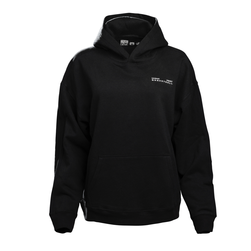Black Court Culture unisex hoodie with small white Miami HEAT logo on chest and front kangaroo pocket. - Court Culture Unisex HEAT Basketball Hoodie