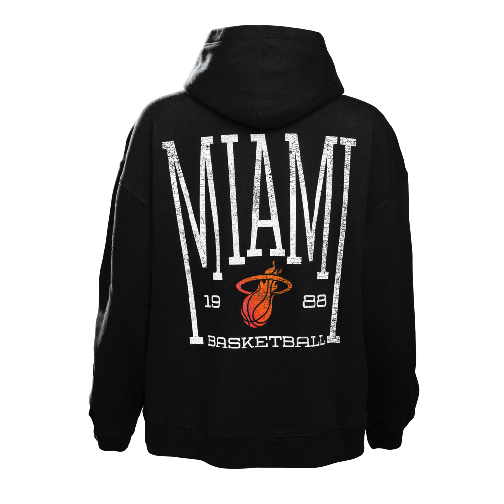 Black Court Culture unisex hoodie with large white Miami HEAT text and team logo on back. - Court Culture Unisex HEAT Basketball Hoodie