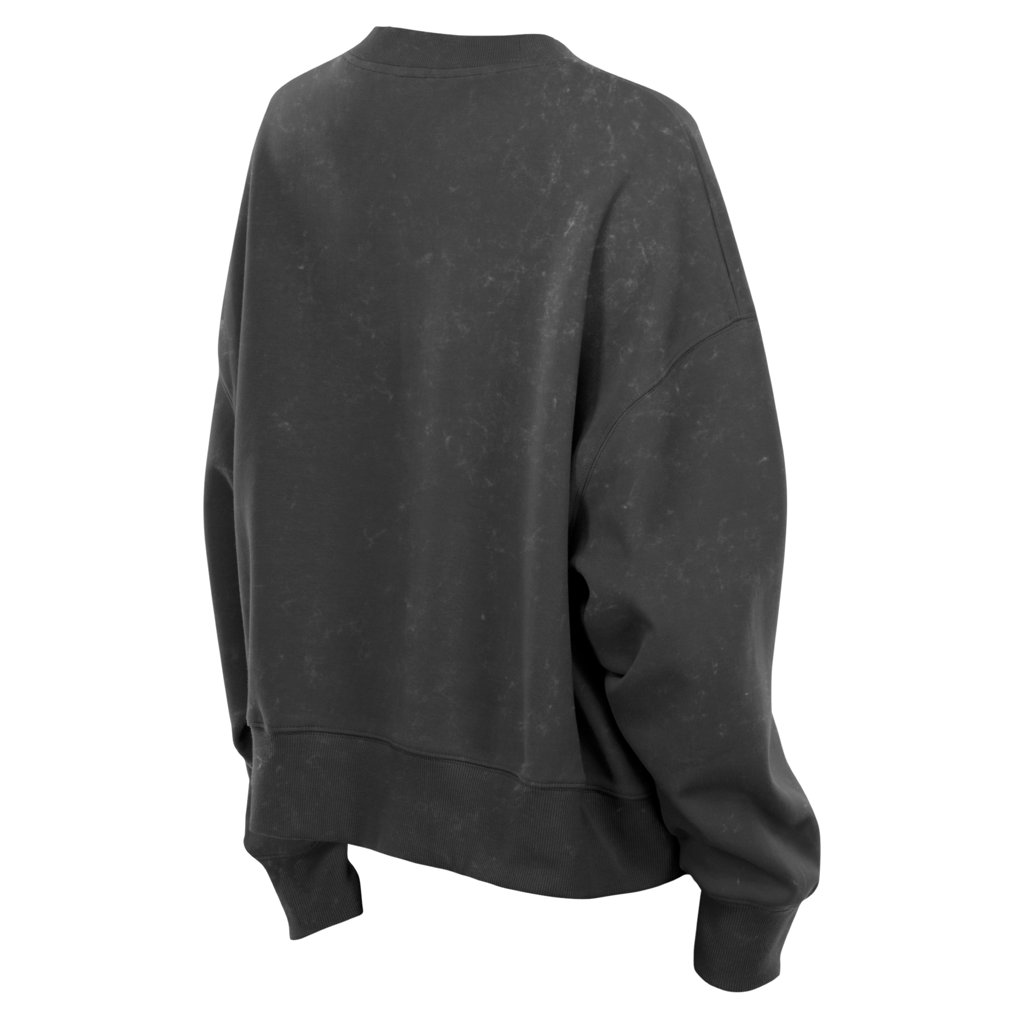 The New Era Miami HEAT Mineral Wash Women’s Crewneck by New Era is displayed from the back against a plain white background. This black crewneck showcases a faded, slightly distressed texture and a subtle washed pattern. Made from a soft cotton-polyester blend, it features an oversized, cropped relaxed fit for effortless comfort and laid-back style.