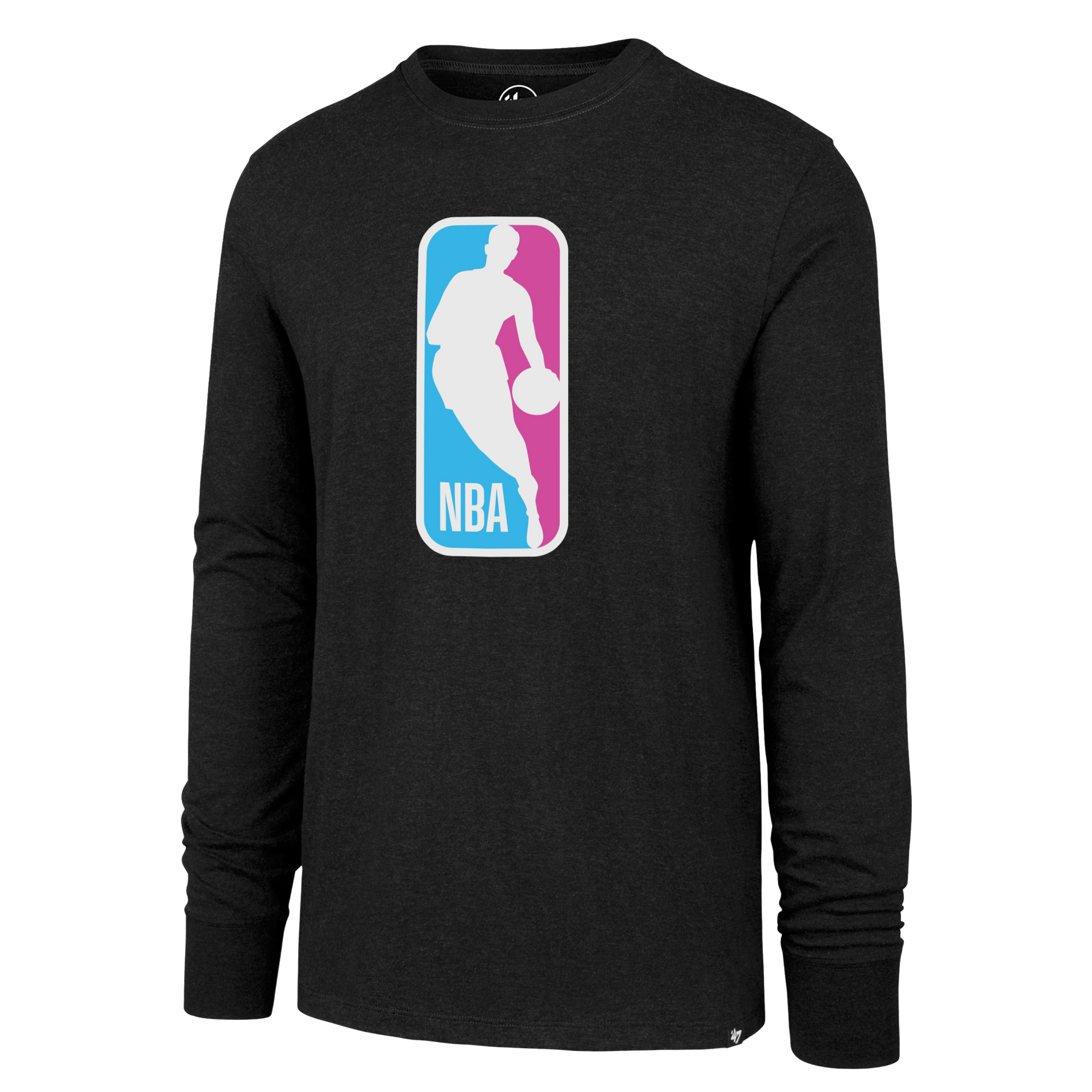 The '47 Brand Miami HEAT Original Vice Nights NBA Long Sleeve Tee features a standard fit, soft cotton-poly blend, and the iconic NBA logo—a white player silhouette on a red and blue background—for all-day comfort.