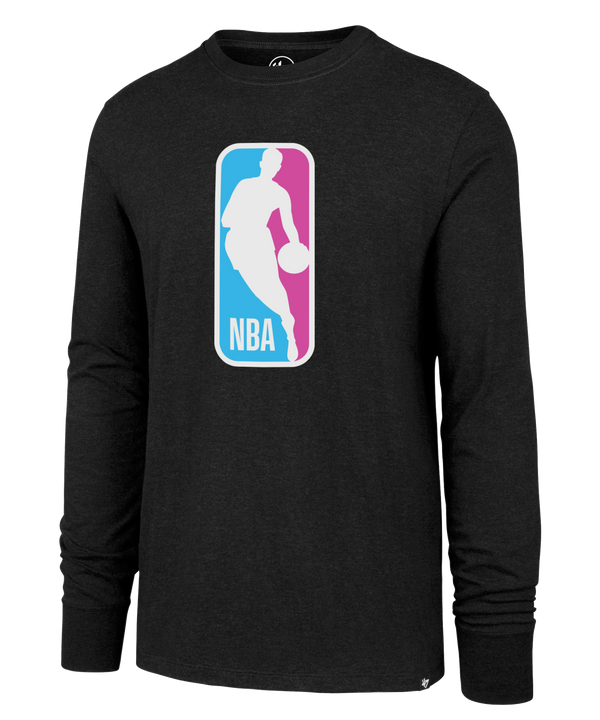The '47 Brand Miami HEAT Original Vice Nights NBA Long Sleeve Tee features a standard fit, soft cotton-poly blend, and the iconic NBA logo—a white player silhouette on a red and blue background—for all-day comfort.