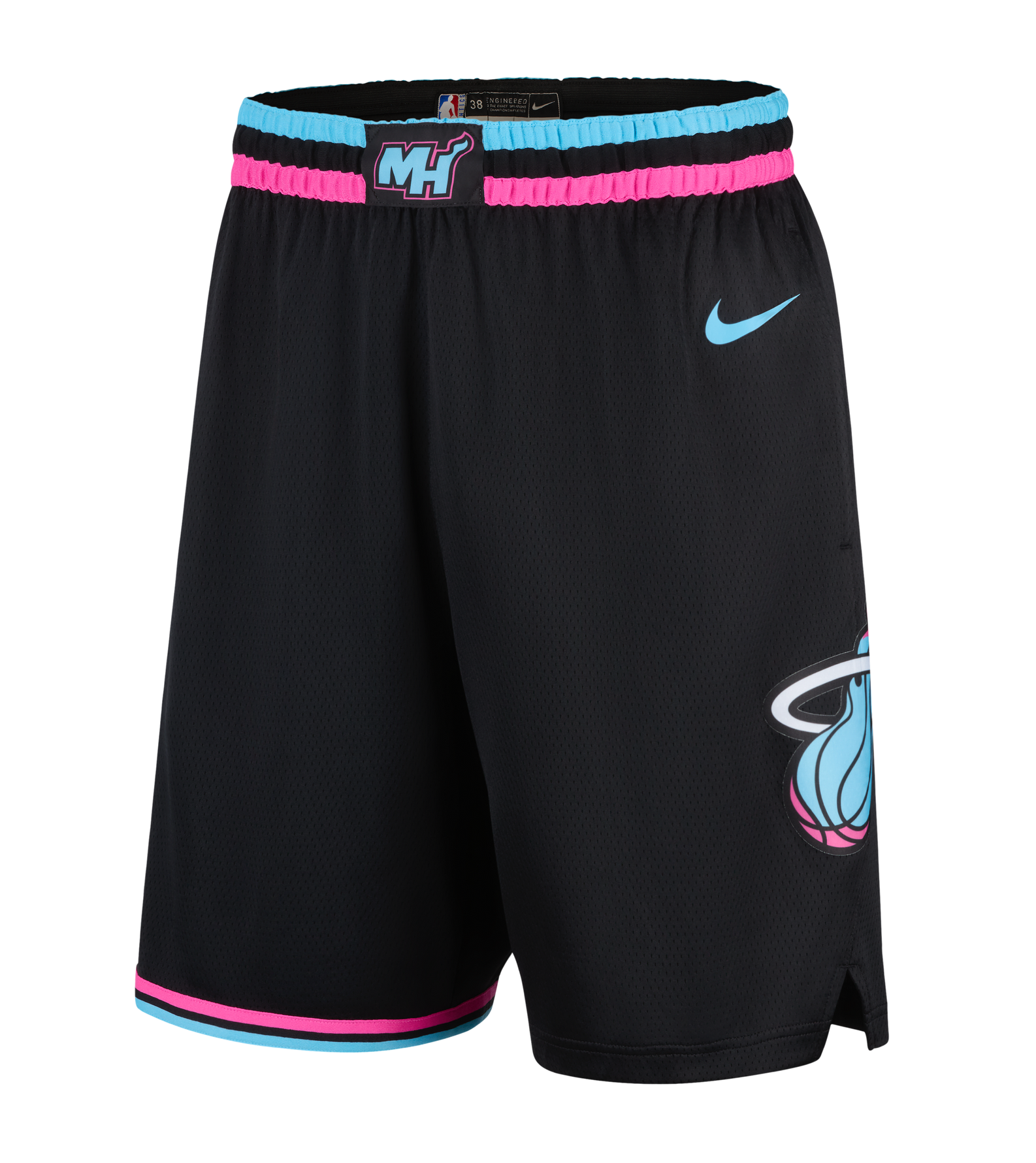 The Nike Miami HEAT Original Vice Nights Swingman Shorts feature black polyester with blue and pink trim, the Miami Heat logo on one leg, Nike logo on the other, and an MH waistband. Standard fit; wash with like colors.