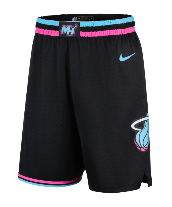 The Nike Miami HEAT Original Vice Nights Swingman Shorts feature black polyester with blue and pink trim, the Miami Heat logo on one leg, Nike logo on the other, and an MH waistband. Standard fit; wash with like colors.