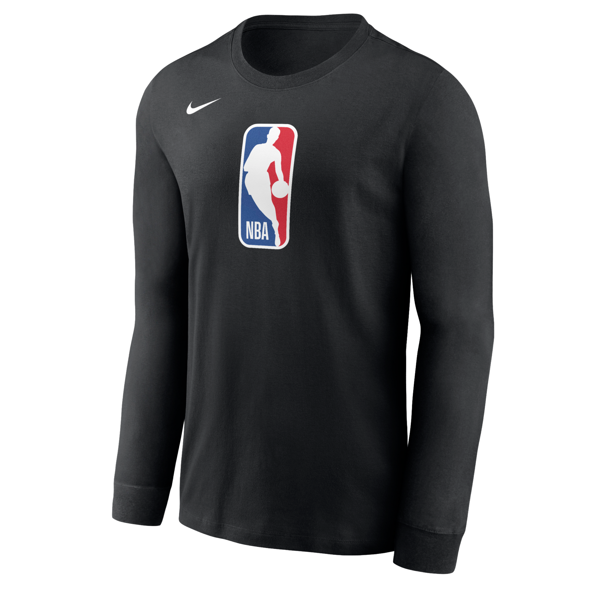 The Nike NBA Long Sleeve Legend Tee is a black polyester shirt with the NBA logo centered and a white Nike Swoosh on the right shoulder, shown on a plain white background. Standard fit; wash with like colors.