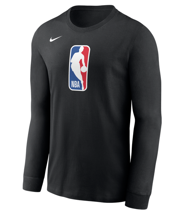 The Nike NBA Long Sleeve Legend Tee is a black polyester shirt with the NBA logo centered and a white Nike Swoosh on the right shoulder, shown on a plain white background. Standard fit; wash with like colors.