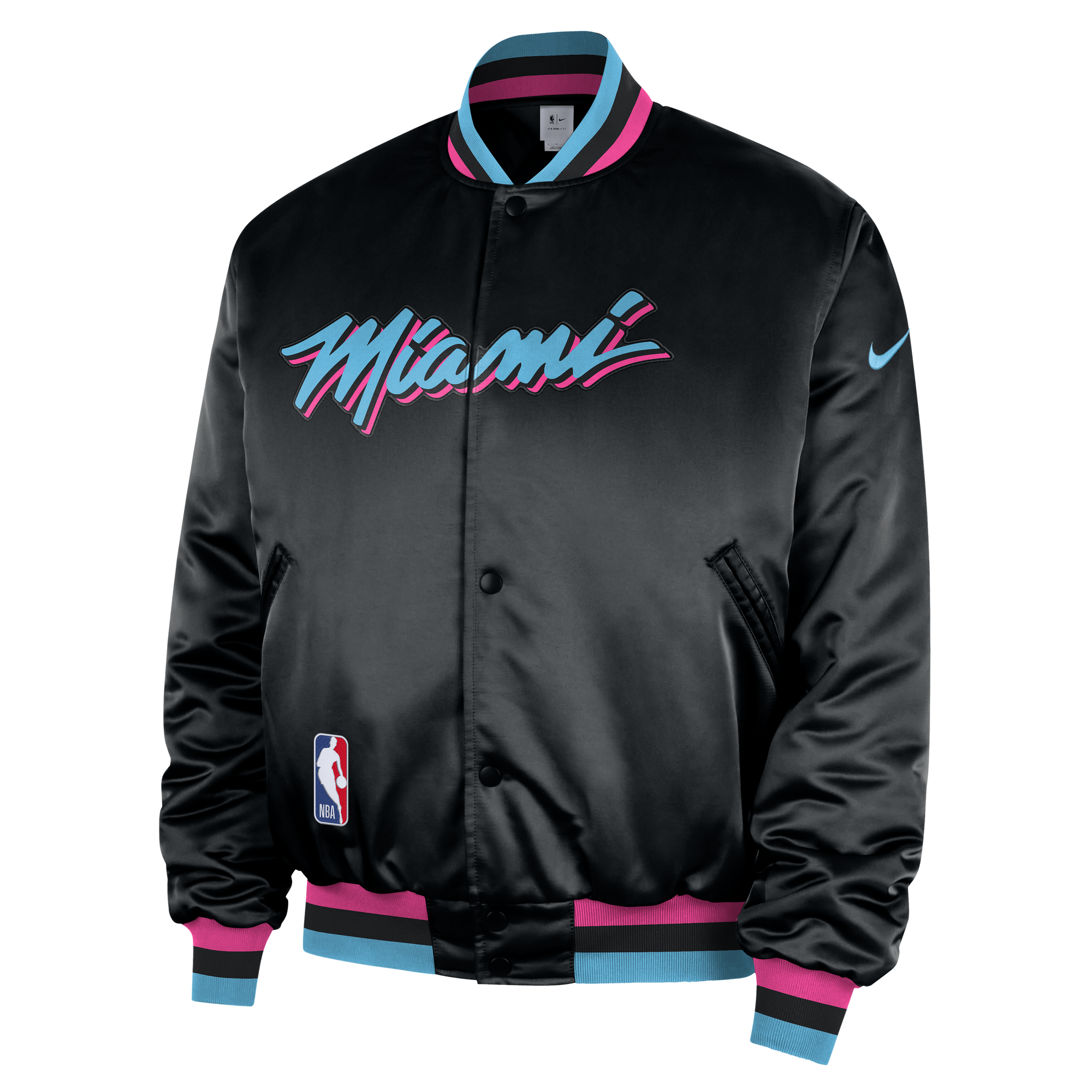 The Nike Miami HEAT Original Vice Nights Bomber Jacket features black satin polyester, “Miami” in blue and pink script on the front, blue and pink trim, NBA logo patch, Nike swoosh sleeve detail, and insulated synthetic fill.